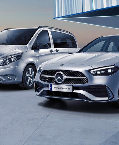 Ein Mercedes-Benz Van und eine Mercedes-Benz Limousine auf einem modernen Parkplatz mit einem Prozentzeichen.