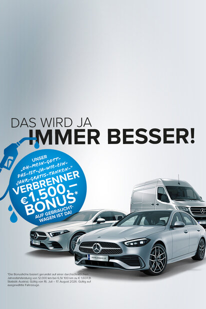 Werbung für gebrauchte Mercedes-Benz mit €1.500 Bonus.