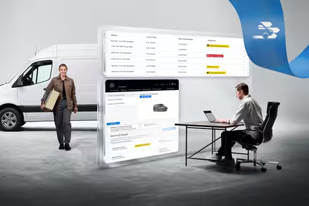 Eine Person sitzt an einem Computer, am Bildschirm eine Übersicht über den Transporter, der im Hintergrund steht. | © Mercedes-Benz