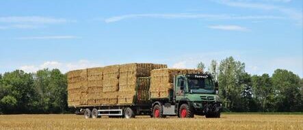 Ein grüner Mercedes-Benz Unimog transportiert große Heuballen über ein Feld.