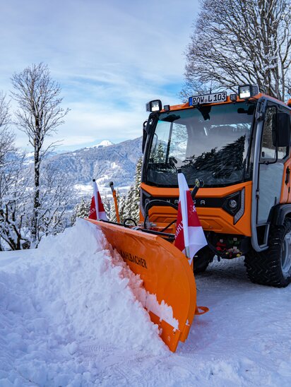 Ein HANSA APZ 1003 räumt Schnee in alpiner Landschaft.